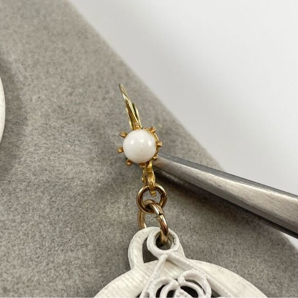 Vintage West Germany White Enamel Filigree Dangle Earrings Hoop Setting Bridal - Picture 5 of 7